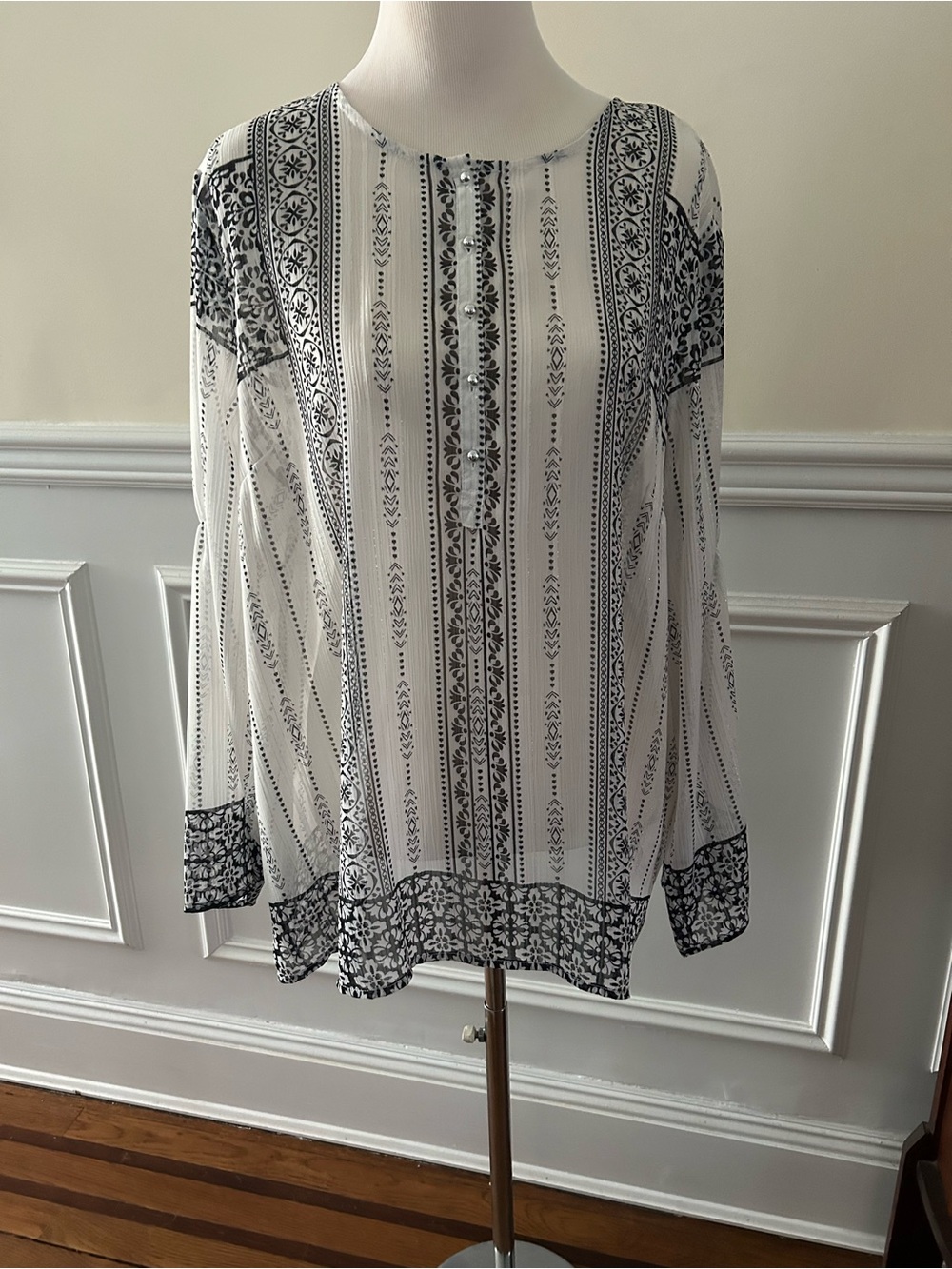Rafaella Black and White Sheers Long Sleeve Blouse with Silver Buttons